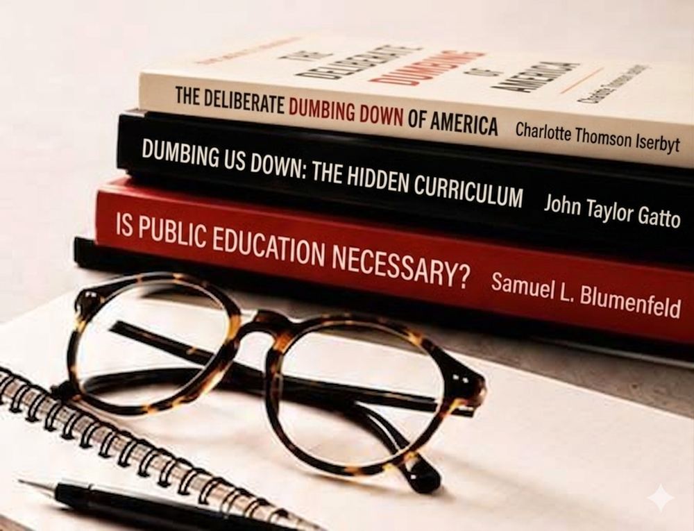 Stacked education research books, glasses, spiral notebook and pen